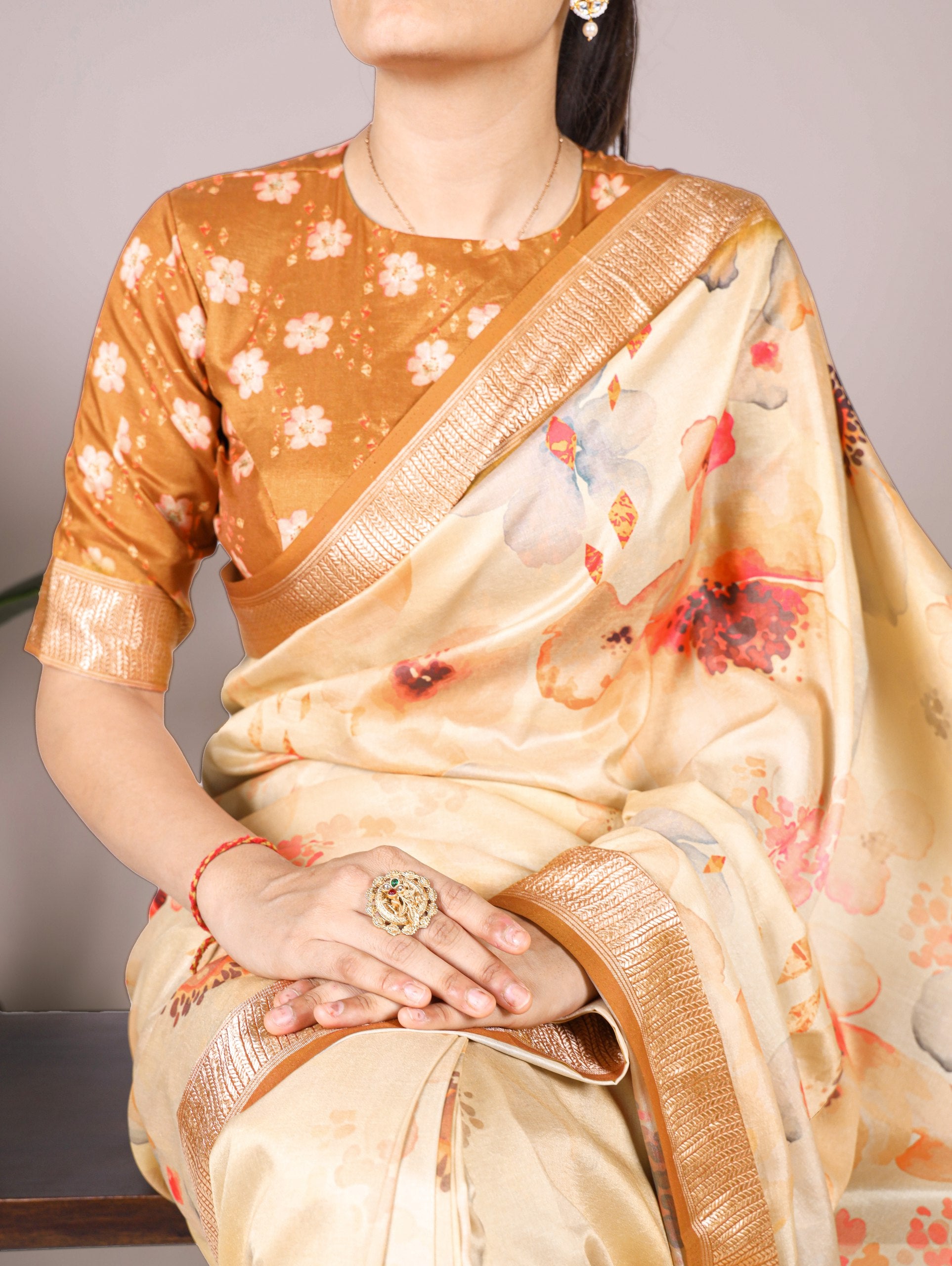 Cream Floral Printed Tussar Silk Saree