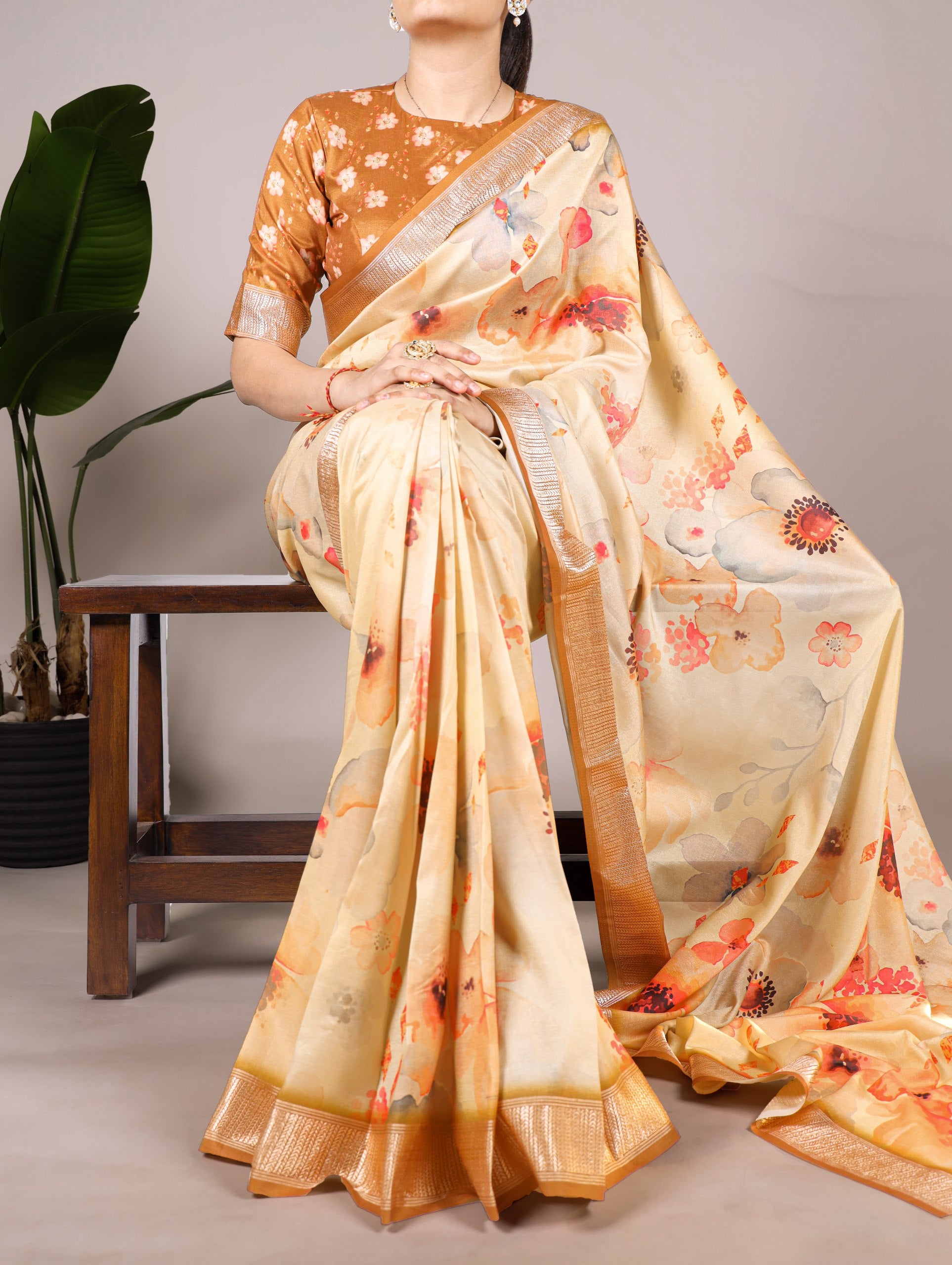 Cream Floral Printed Tussar Silk Saree