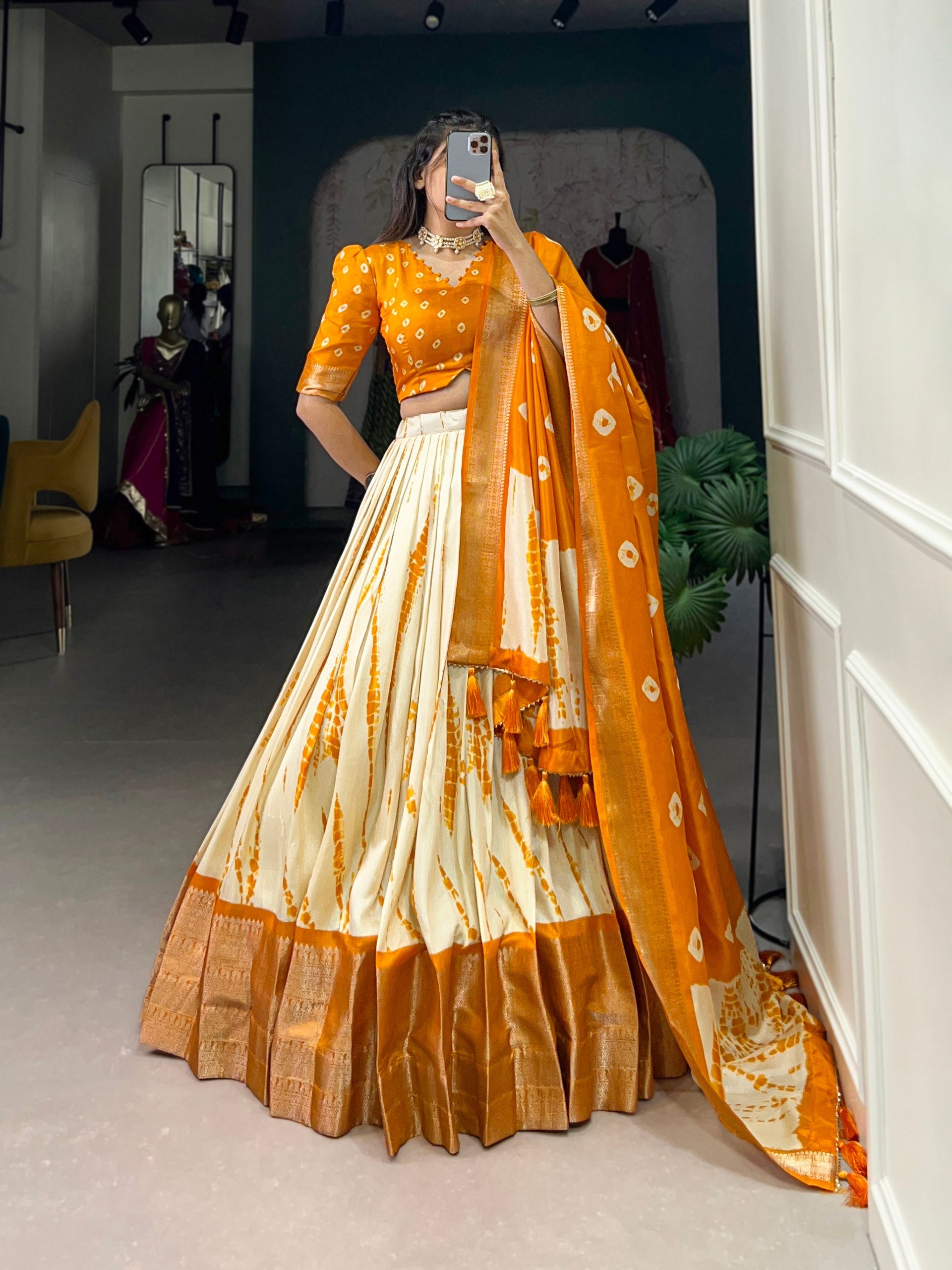 Cream & Mustard Traditional Dola Silk Lehenga Choli