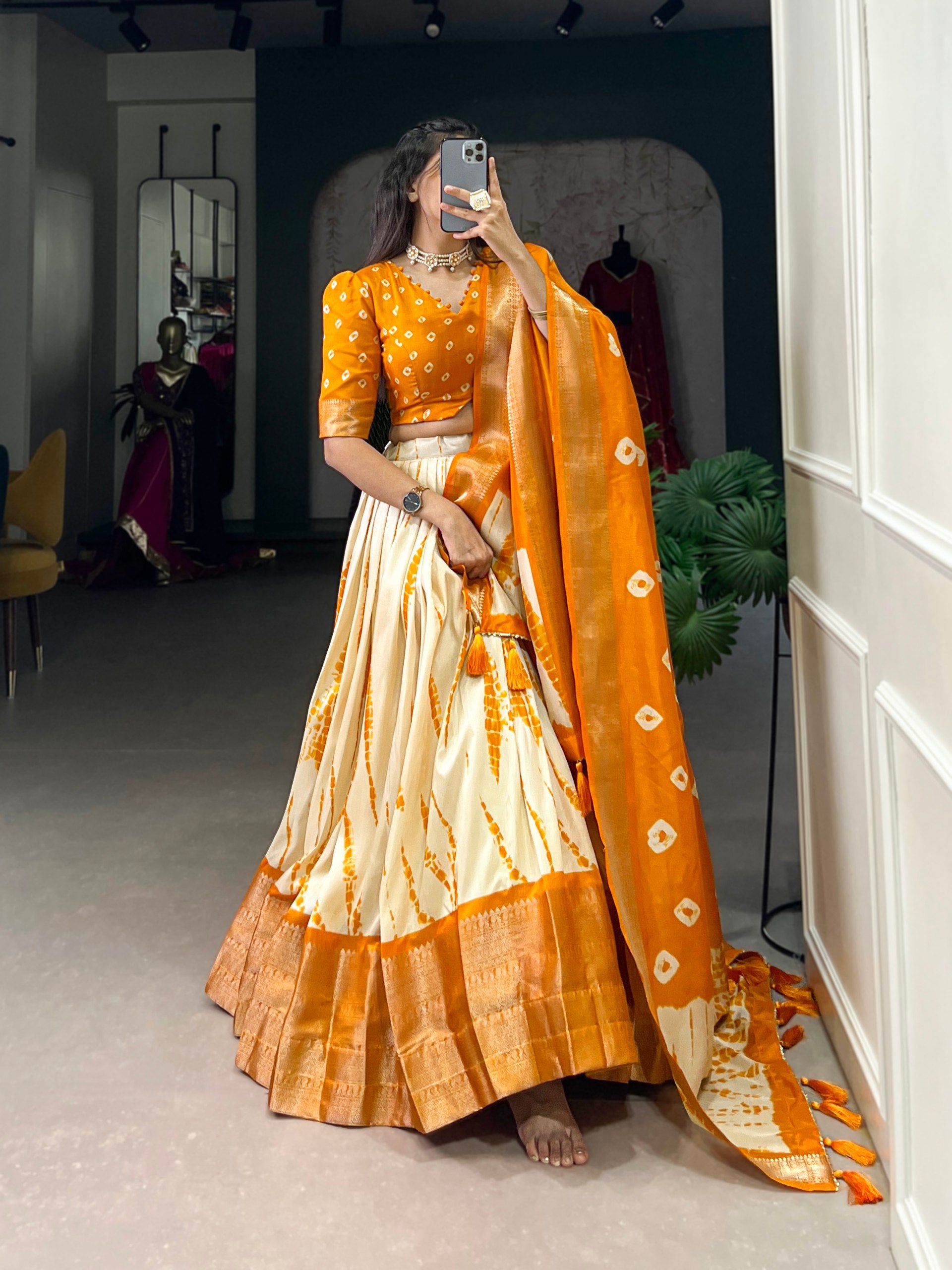 Cream & Mustard Traditional Dola Silk Lehenga Choli
