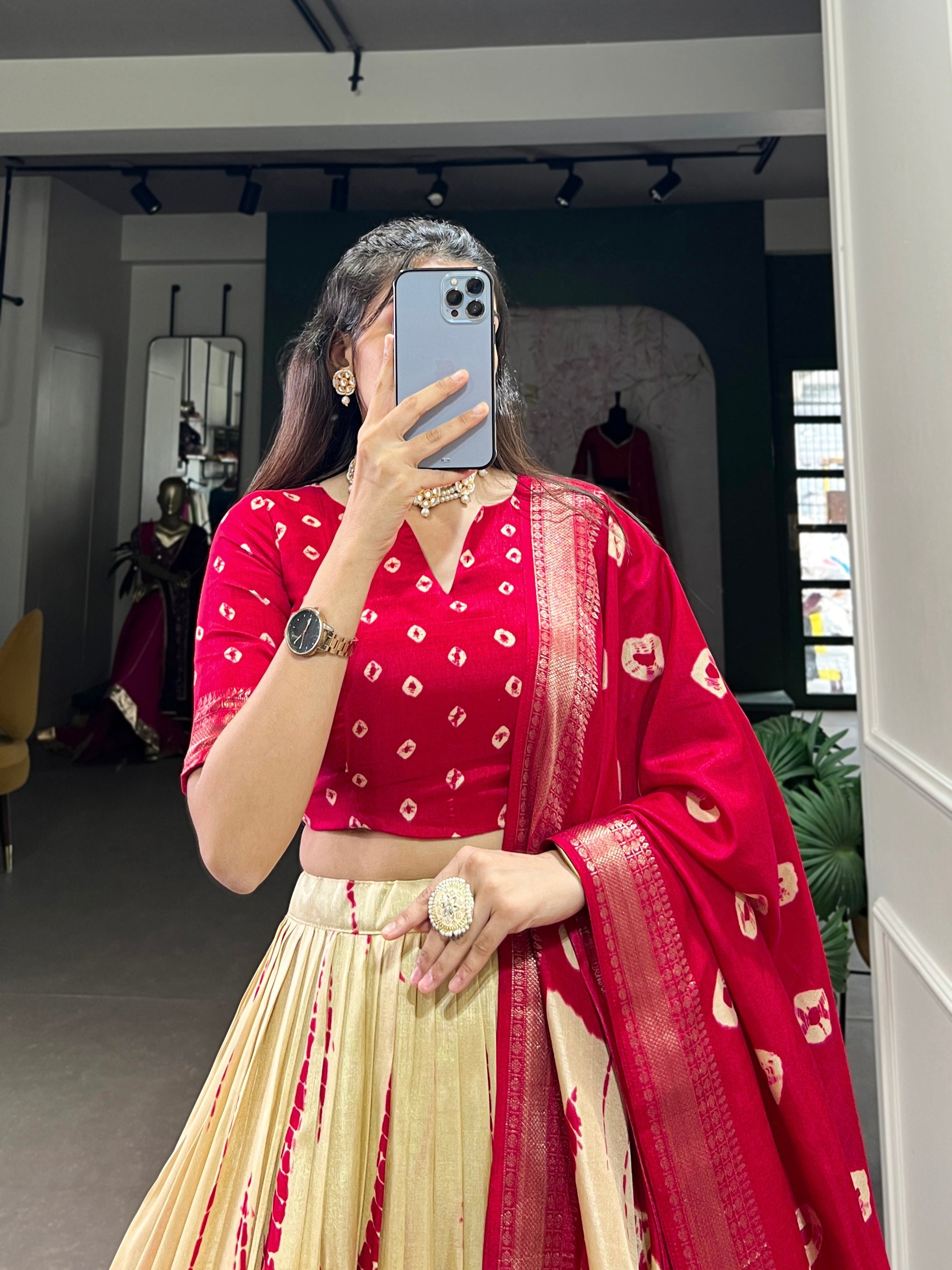 Cream & Red Traditional Dola Silk Lehenga Choli