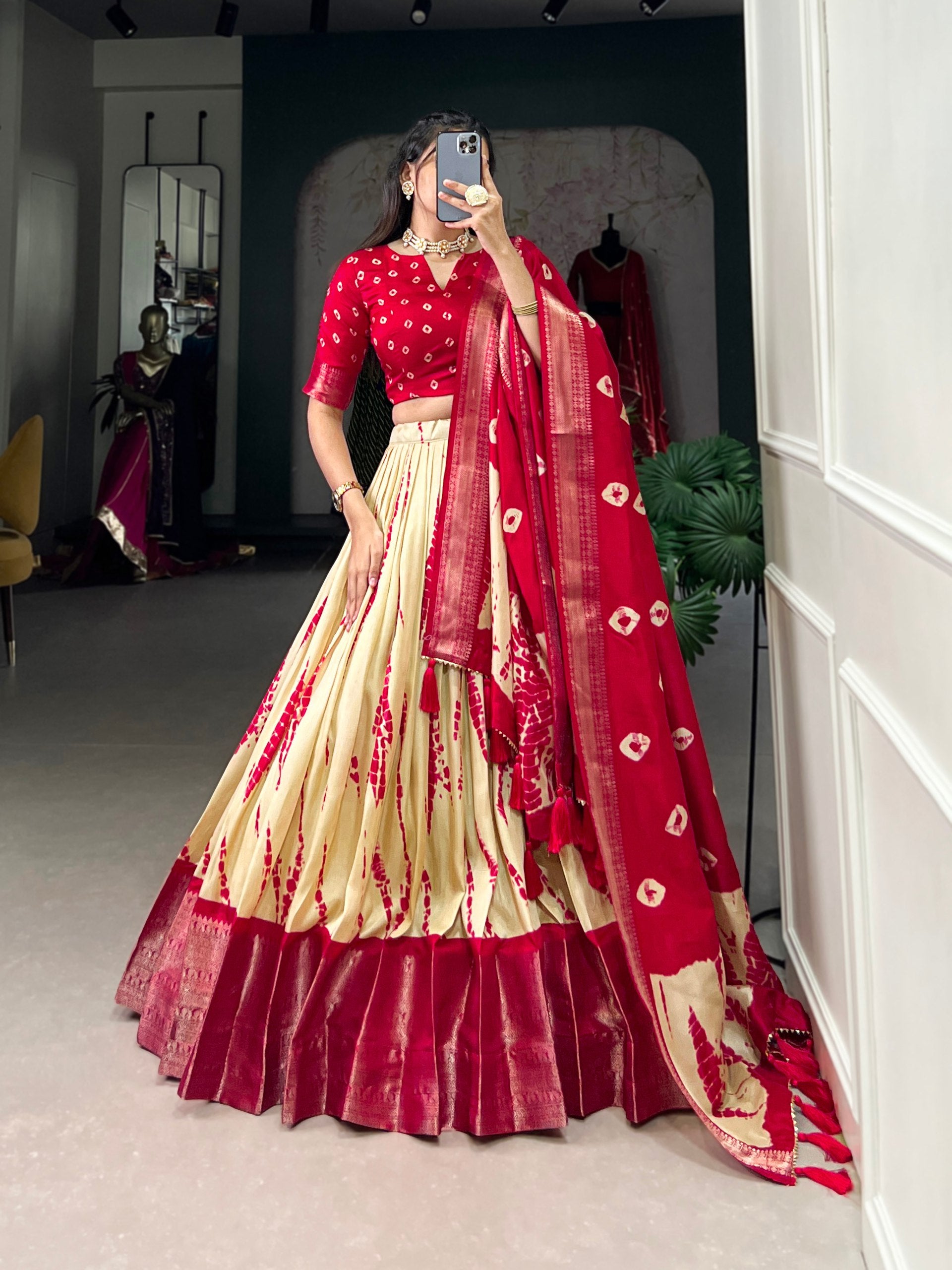 Cream & Red Traditional Dola Silk Lehenga Choli