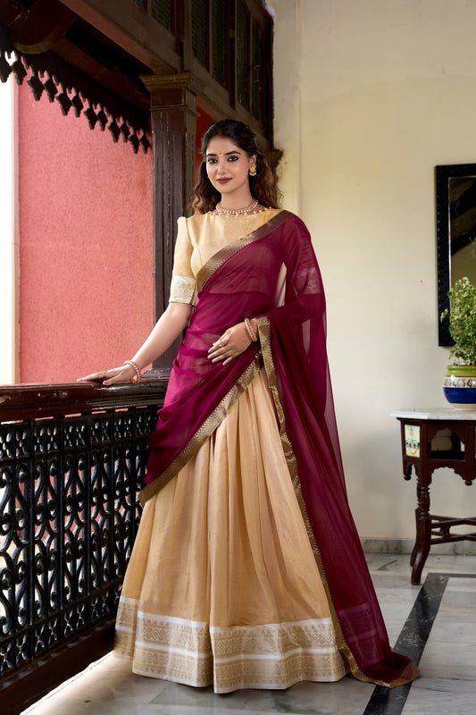 Cream Traditional Kanchipuram Lehenga