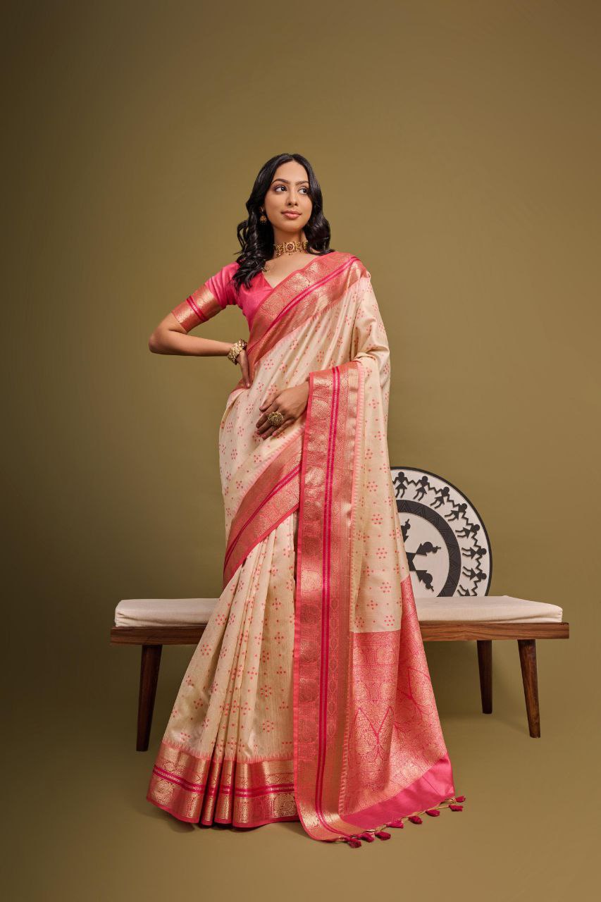 Cream Traditional Tussar Silk Saree