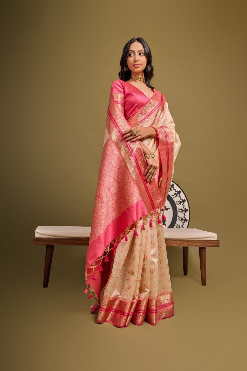 Cream Traditional Tussar Silk Saree