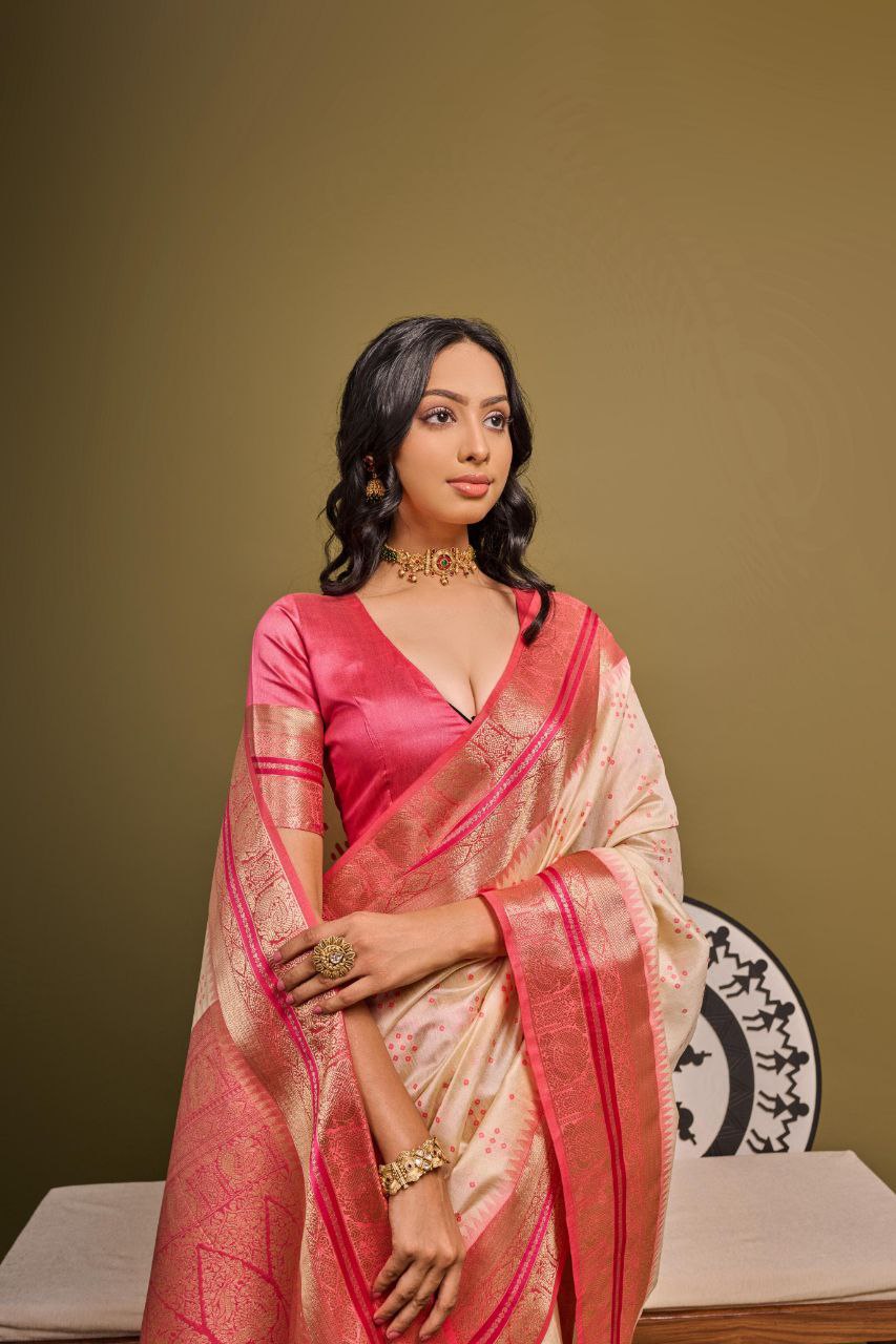 Cream Traditional Tussar Silk Saree