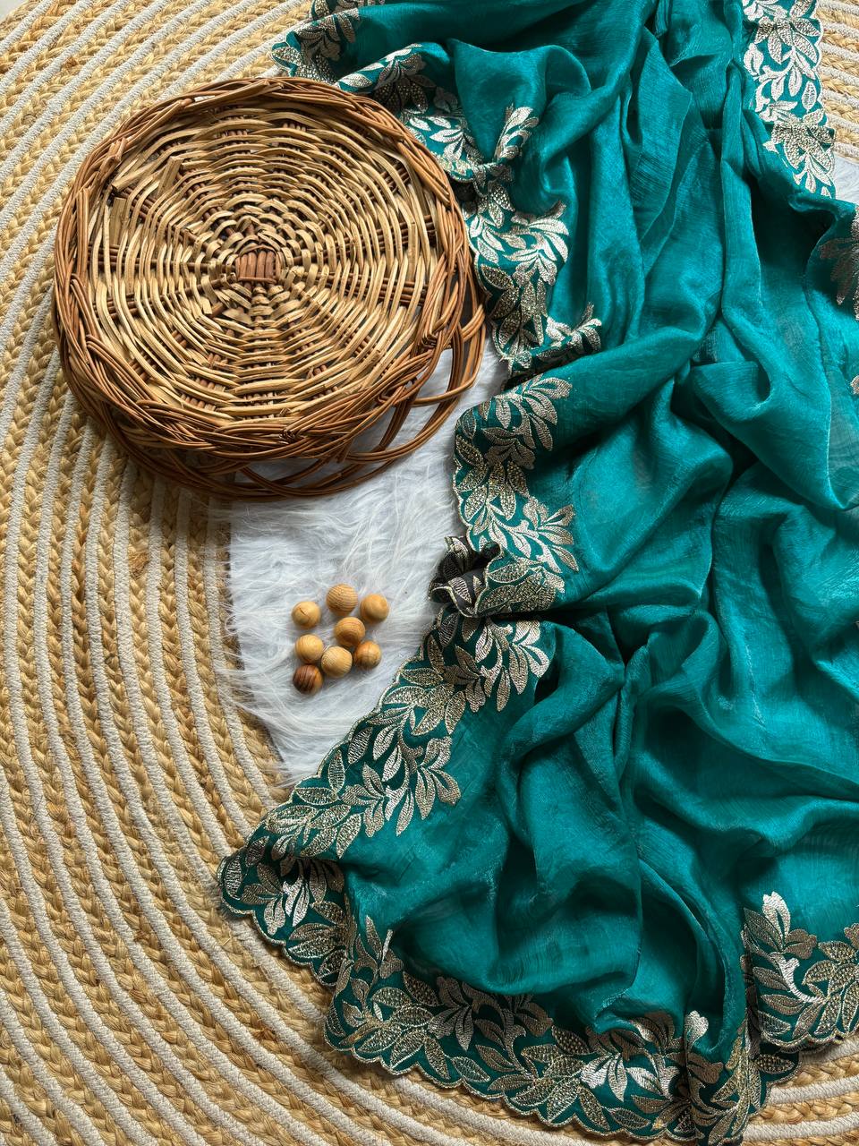 Dark Aqua Crunchy Moss Sattin Silk Saree