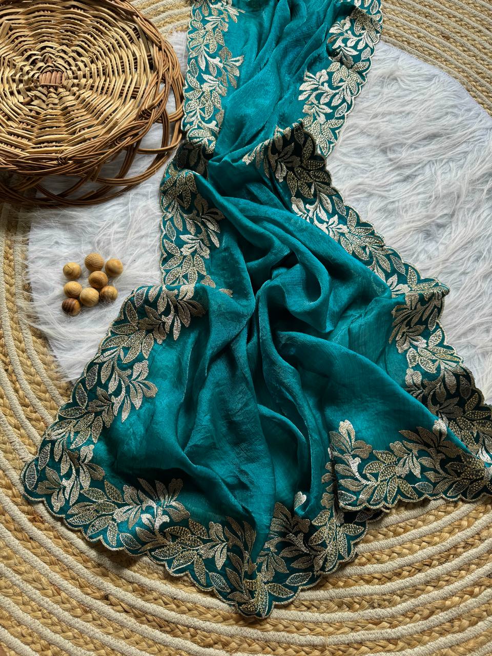 Dark Aqua Crunchy Moss Sattin Silk Saree