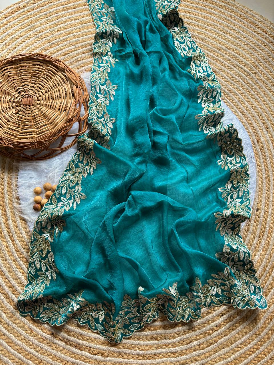 Dark Aqua Crunchy Moss Sattin Silk Saree