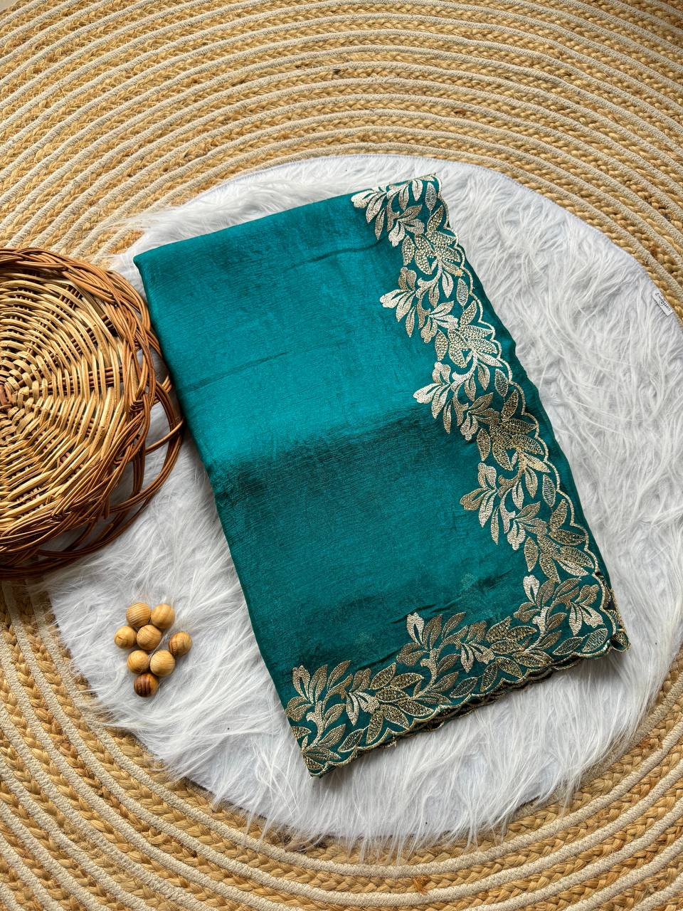 Dark Aqua Crunchy Moss Sattin Silk Saree