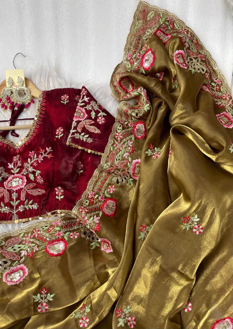 Dark Golden Stylish Party Wear Jimmy Choo Silk Saree