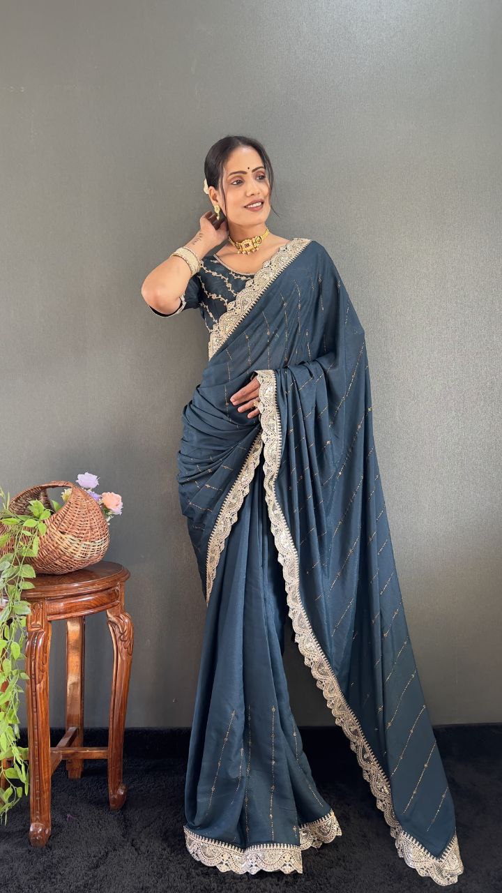 Dark Grey Blue Ready to Wear Star Georgette Silk Saree