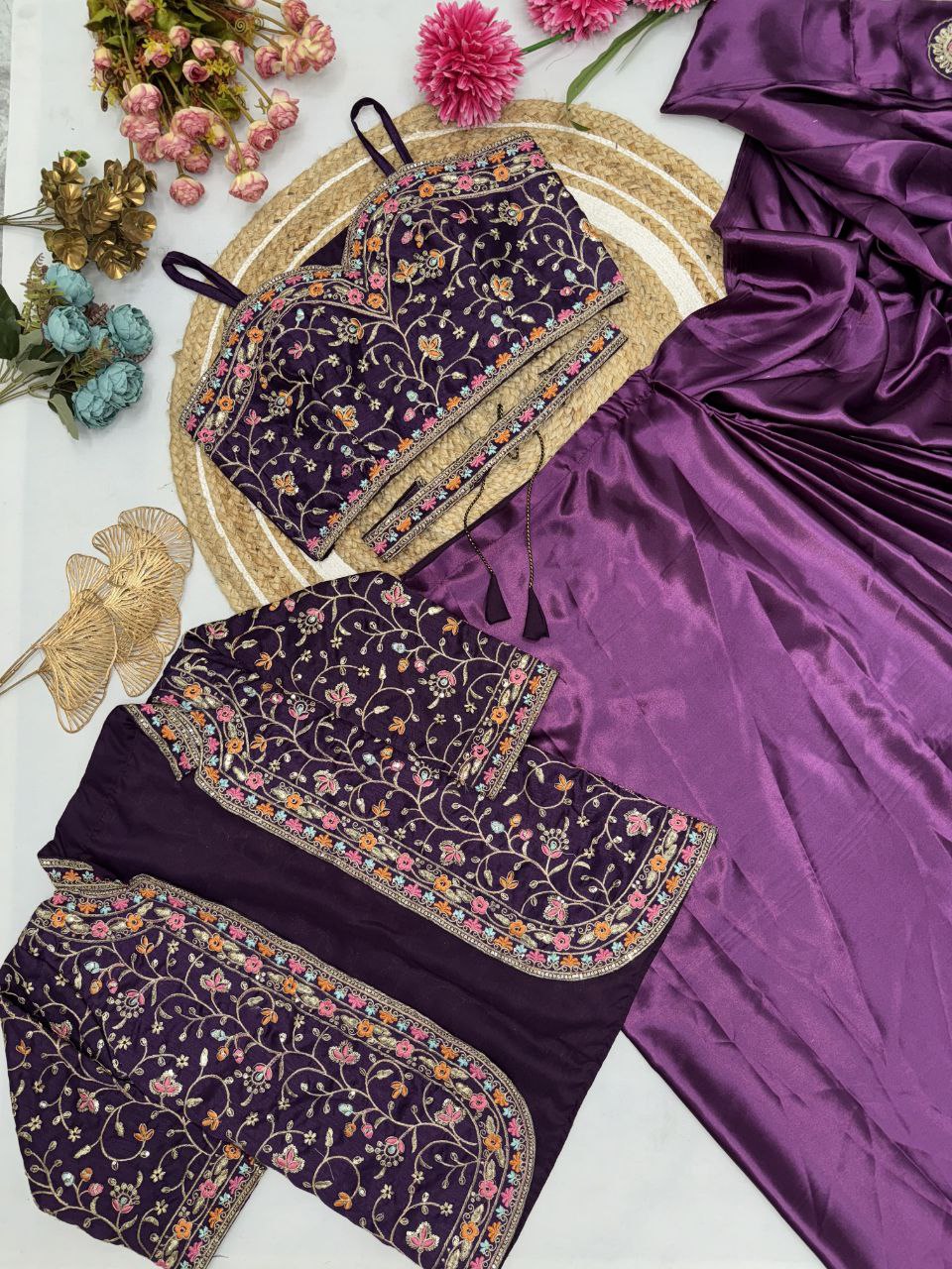 Dark Lilac Ready To Wear Diamond Satin Silk Saree