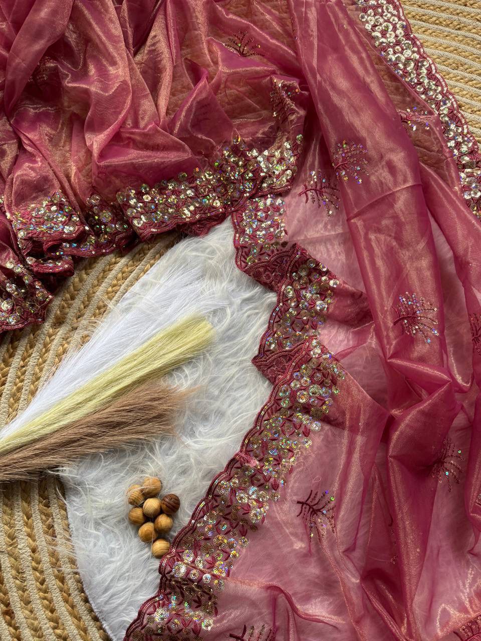 Dark Pink New Designer Tissue Silk Saree