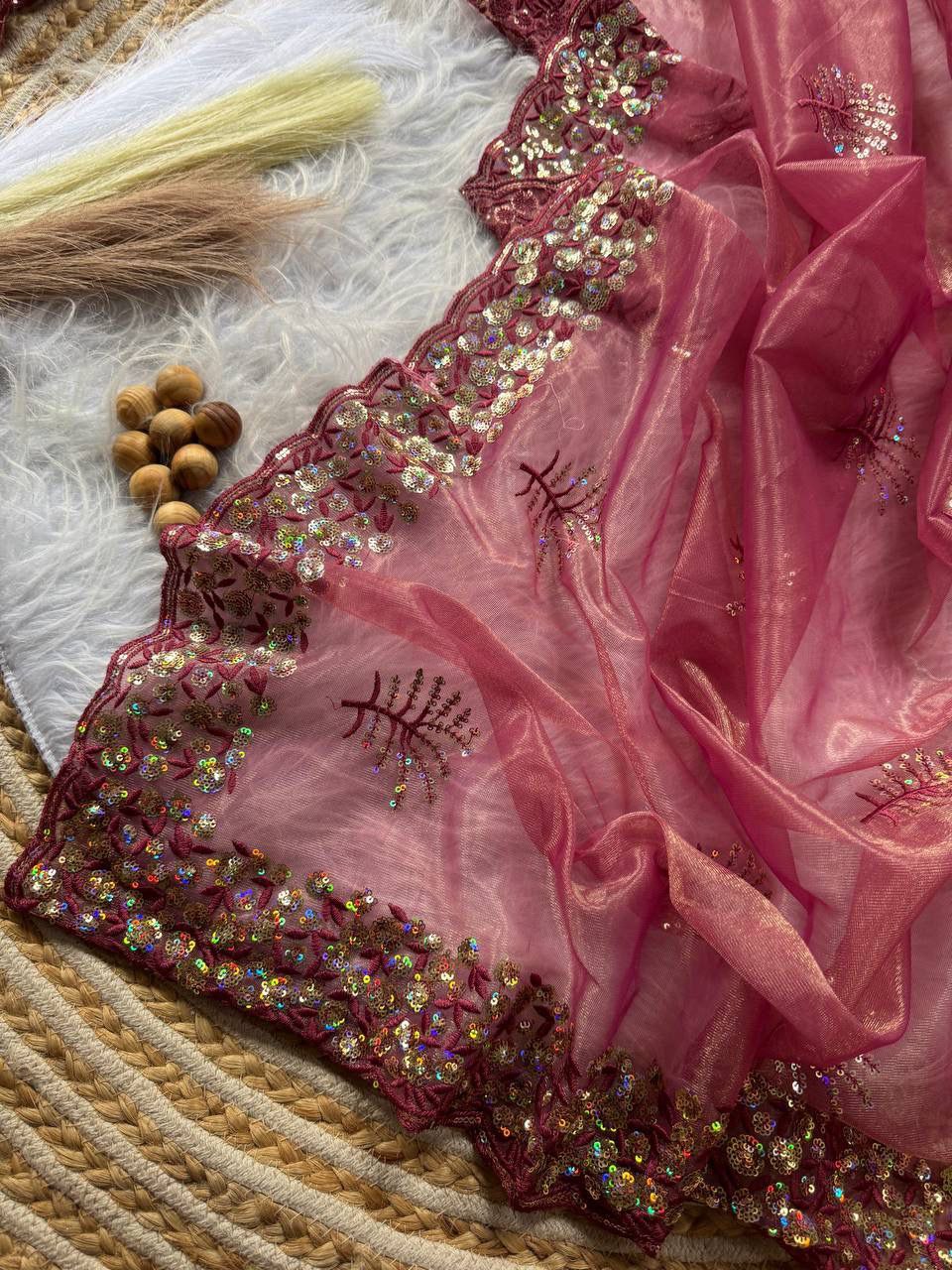 Dark Pink New Designer Tissue Silk Saree