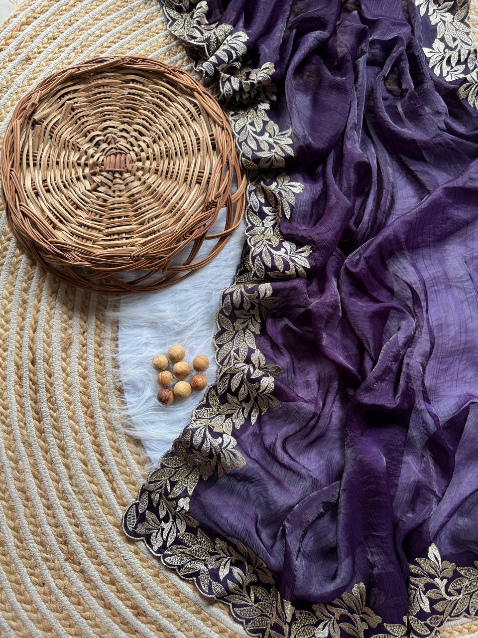 Dark Purple Crunchy Moss Sattin Silk Saree