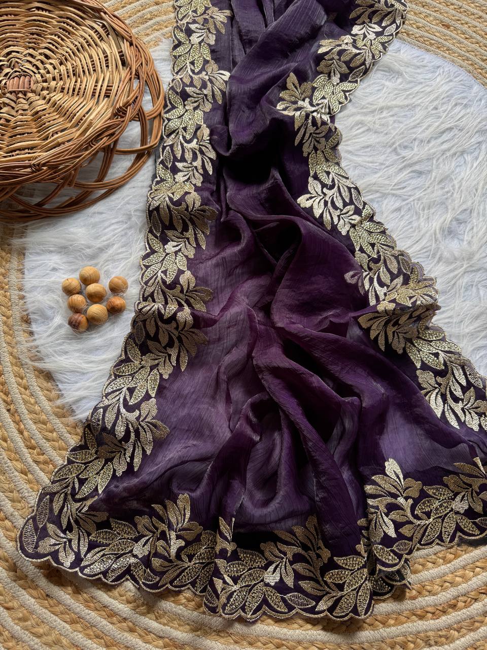 Dark Purple Crunchy Moss Sattin Silk Saree