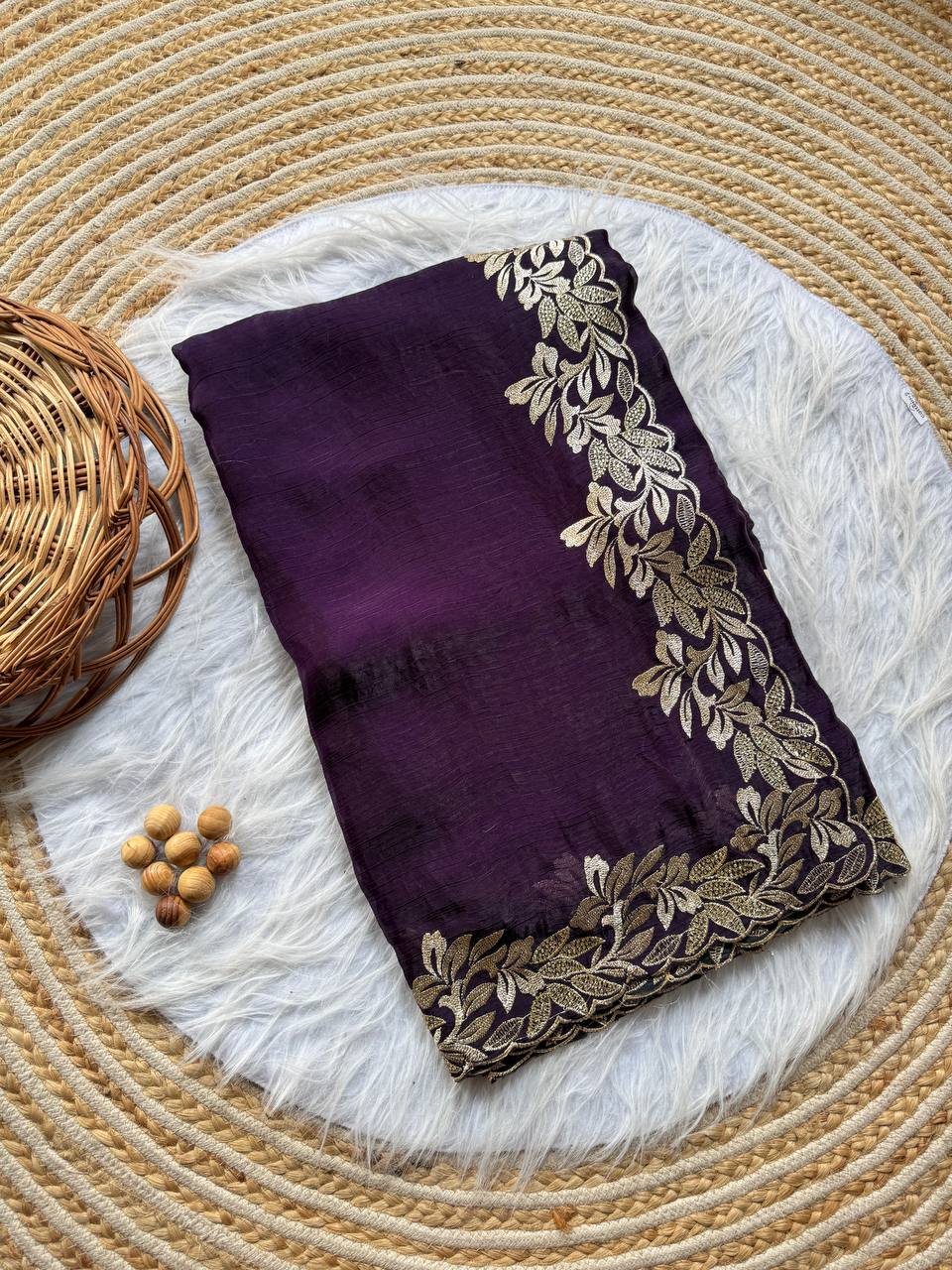 Dark Purple Crunchy Moss Sattin Silk Saree