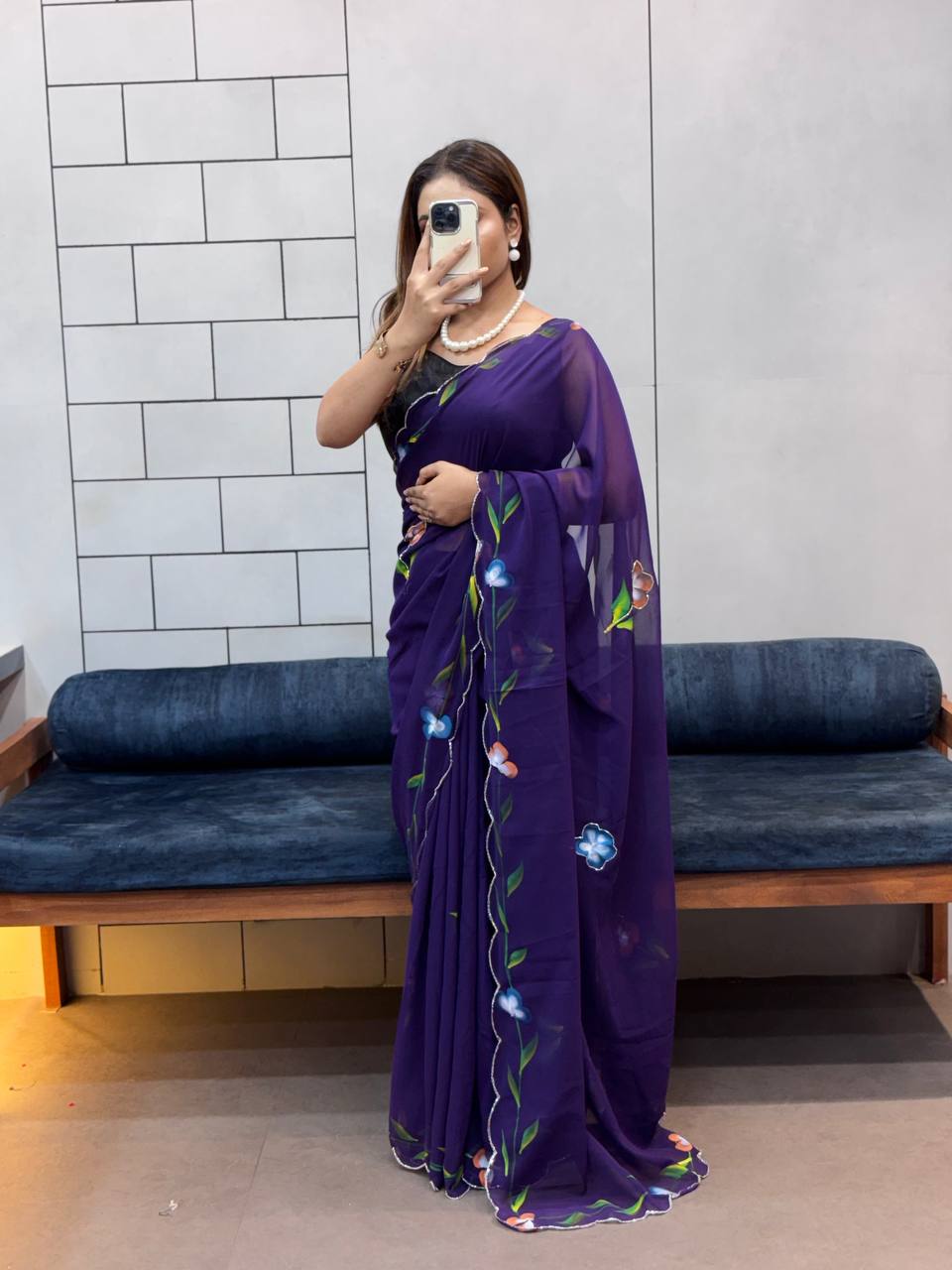 Dark Purple Color Hand Flower Printed Georgette Wedding Saree