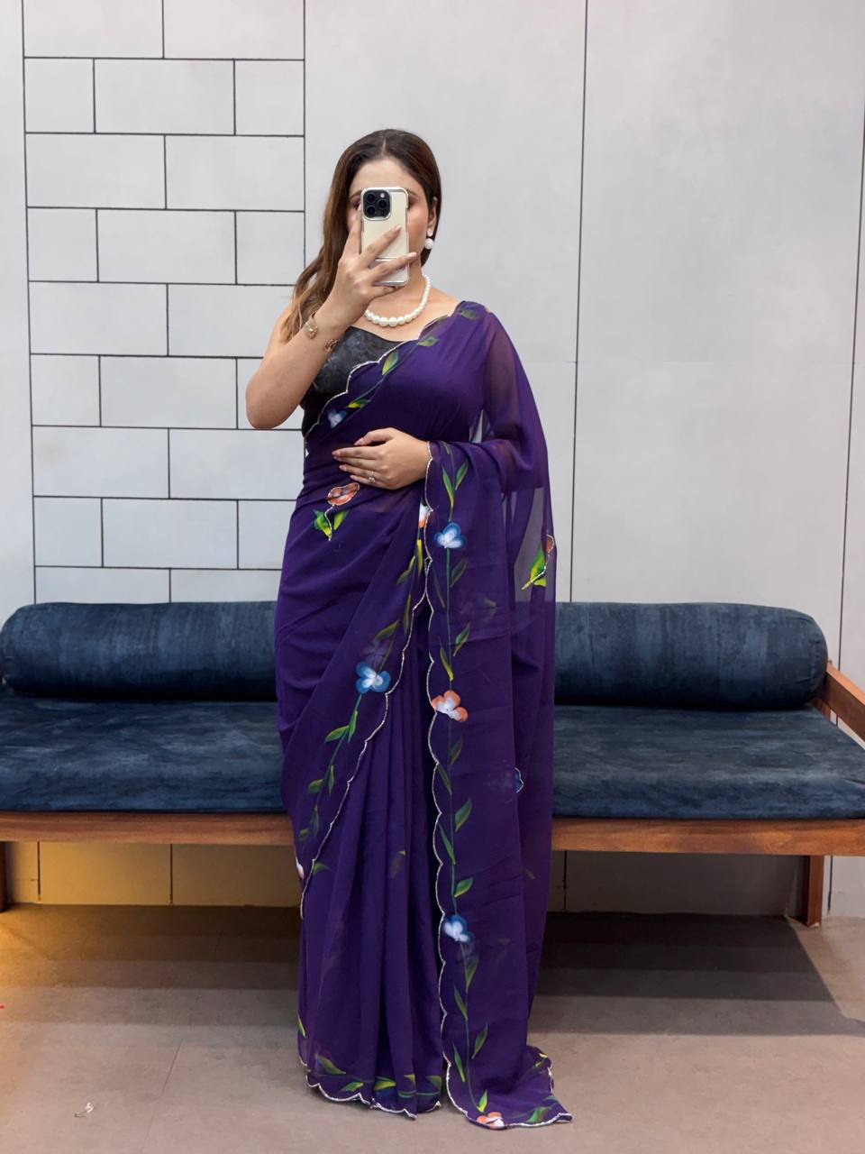 Dark Purple Hand Flower Printed Georgette  Saree, Rani Pink color Dark Purple Hand Flower Printed Georgette  sari for women, Dark Purple Hand Flower Printed Georgette  saree for wedding, Saree, Saree for women, Saris, Sari for women, Sarees for women, Party wear sarees for women, Wedding wear saree for women, Bollywood saree for women, Heavy saree for women, Sarees for wedding