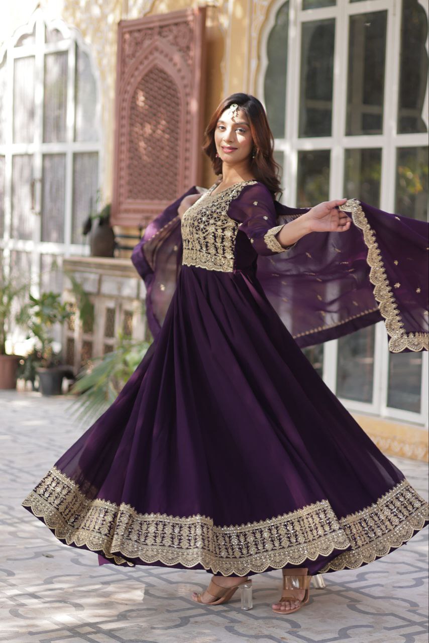 Dark Purple Traditional Indian Gown Dress With Dupatta
