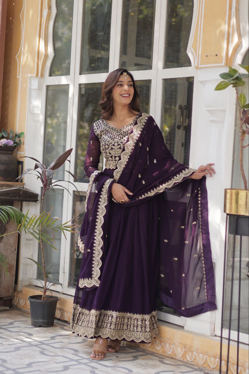 Dark Purple Traditional Indian Gown Dress With Dupatta