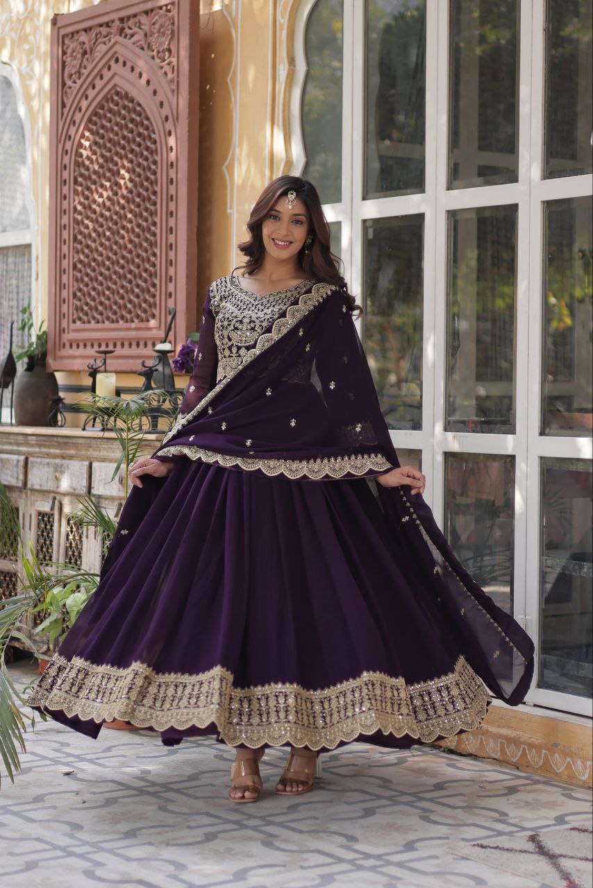 Dark Purple Traditional Indian Gown Dress With Dupatta