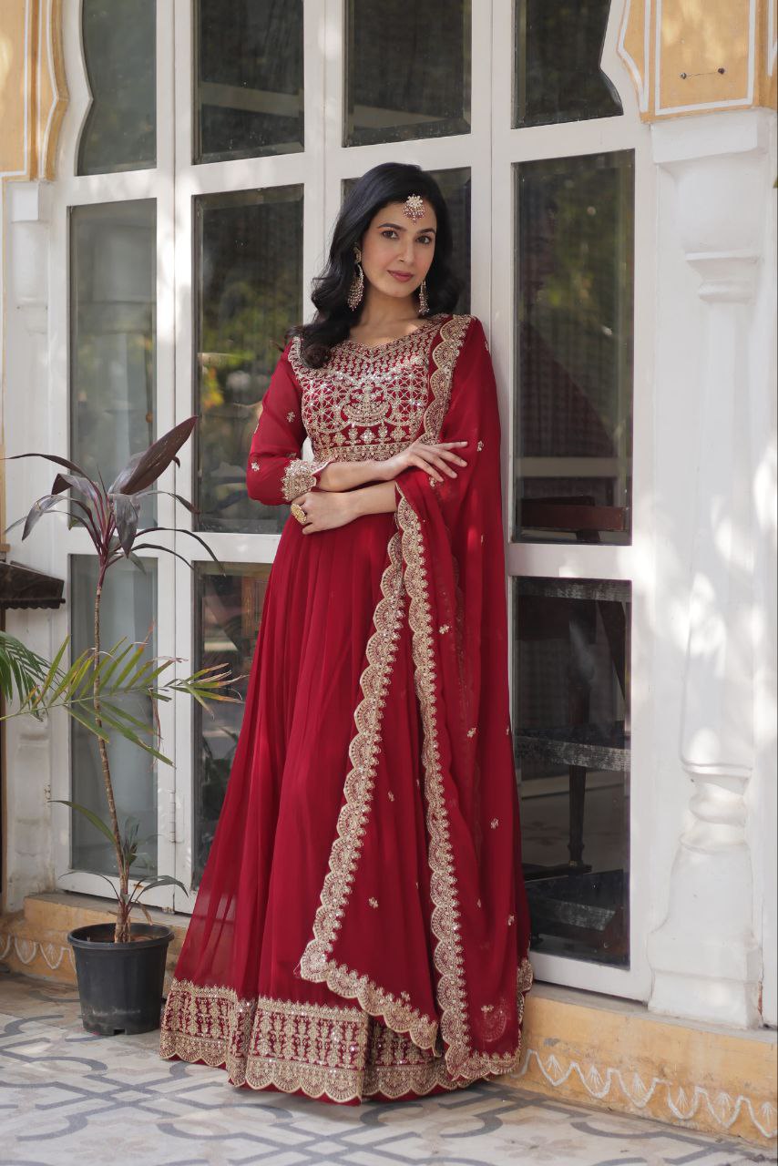 Red Traditional Indian Gown Dress With Dupatta