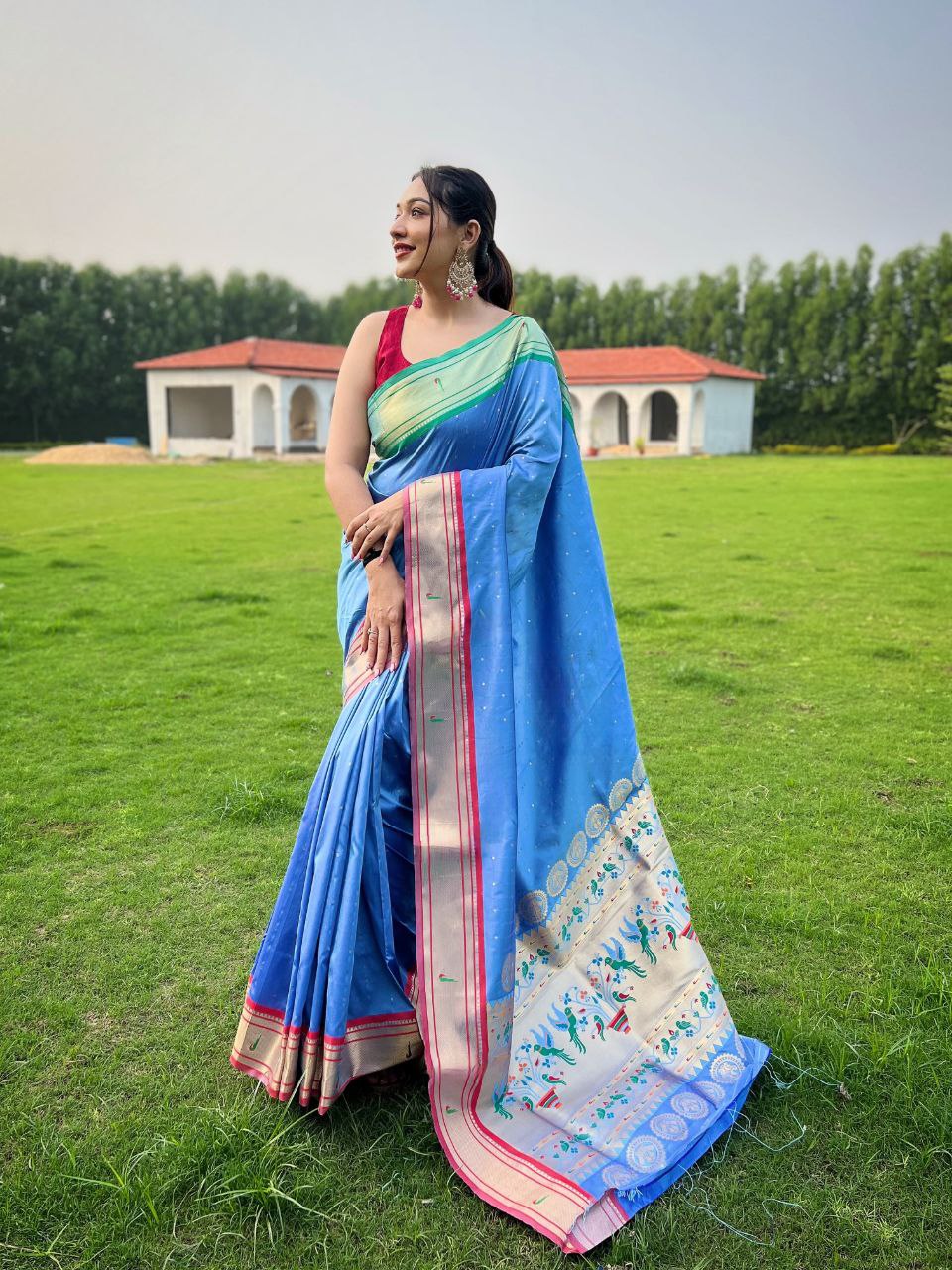 Dark Sky Blue Traditional Paithani Weaving Saree