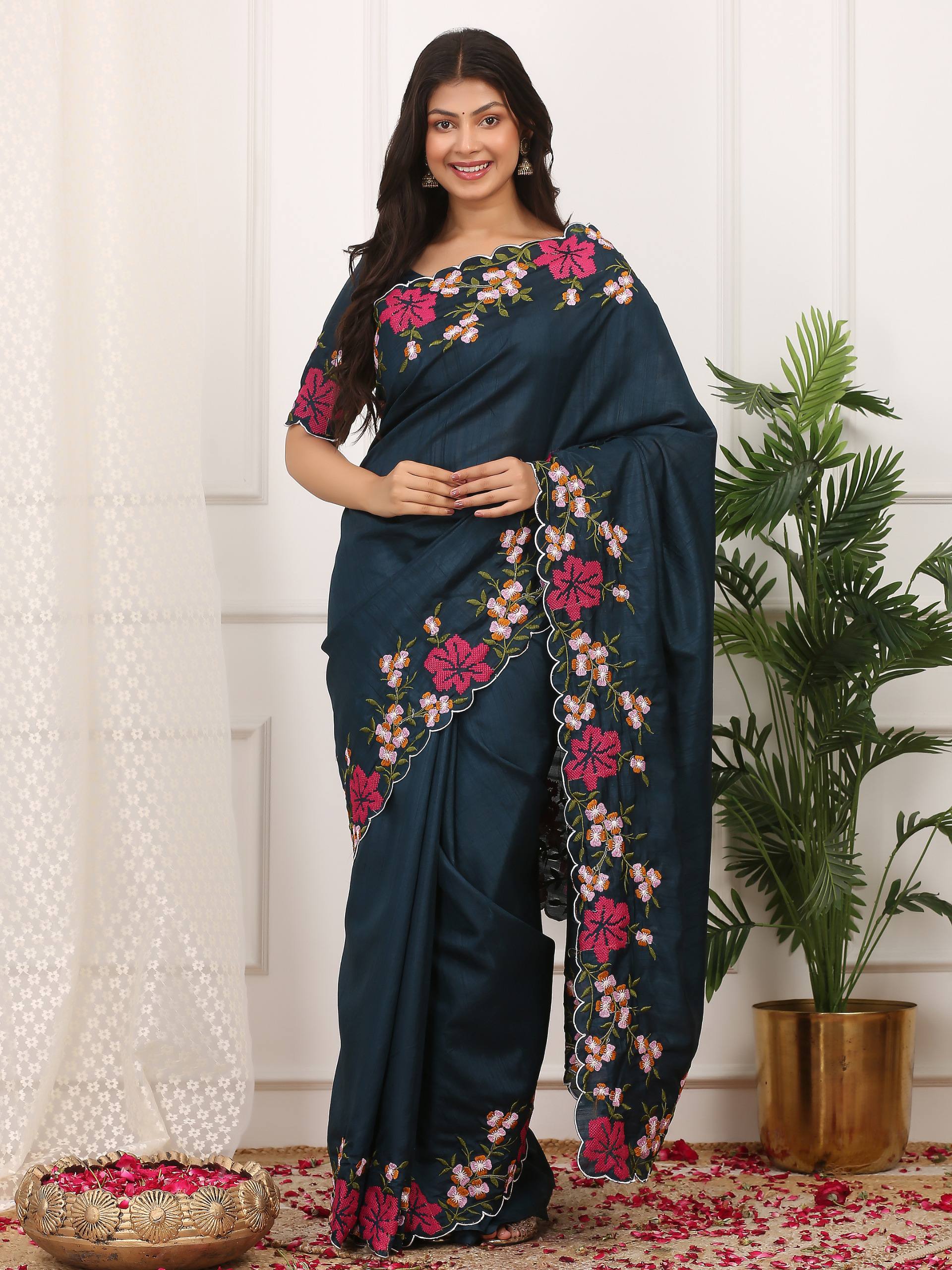 Dark Teal Designer Manipuri Silk Saree