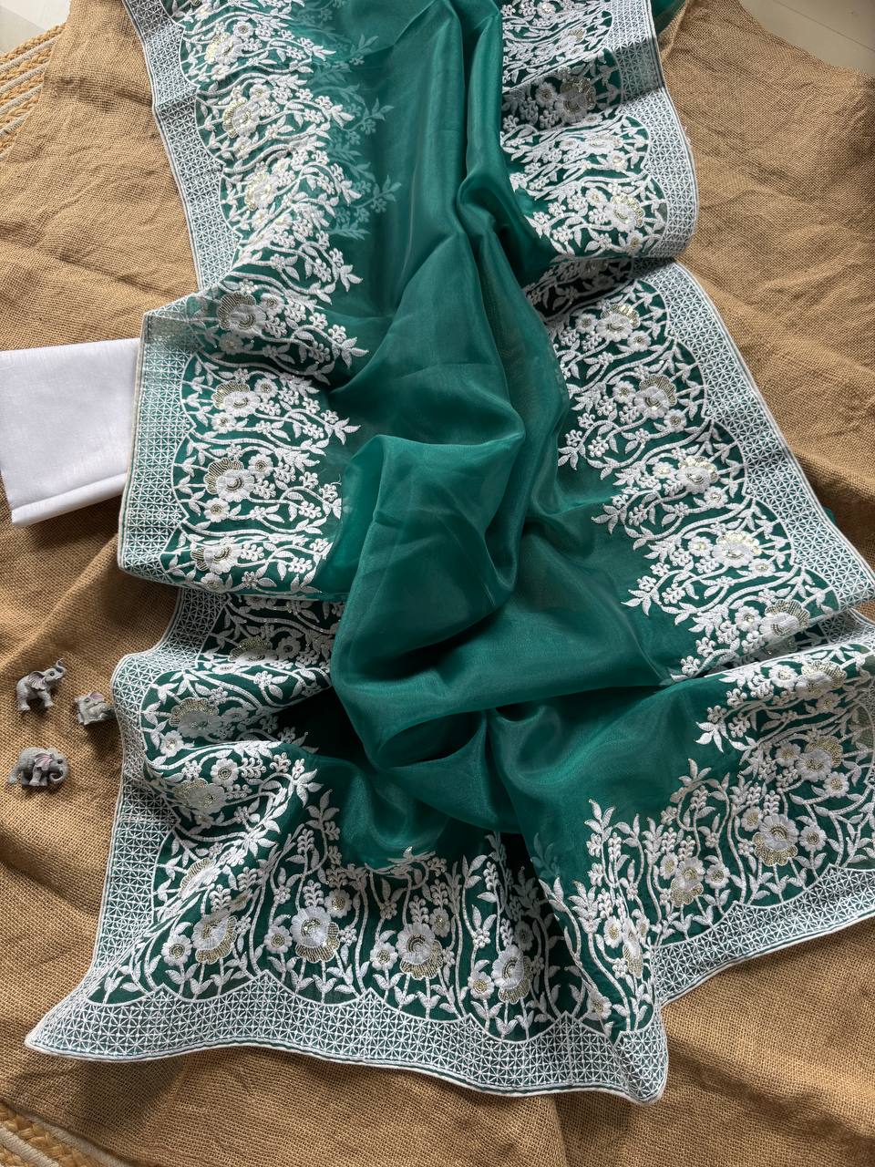 Dark Teal Designer Organza Silk Saree