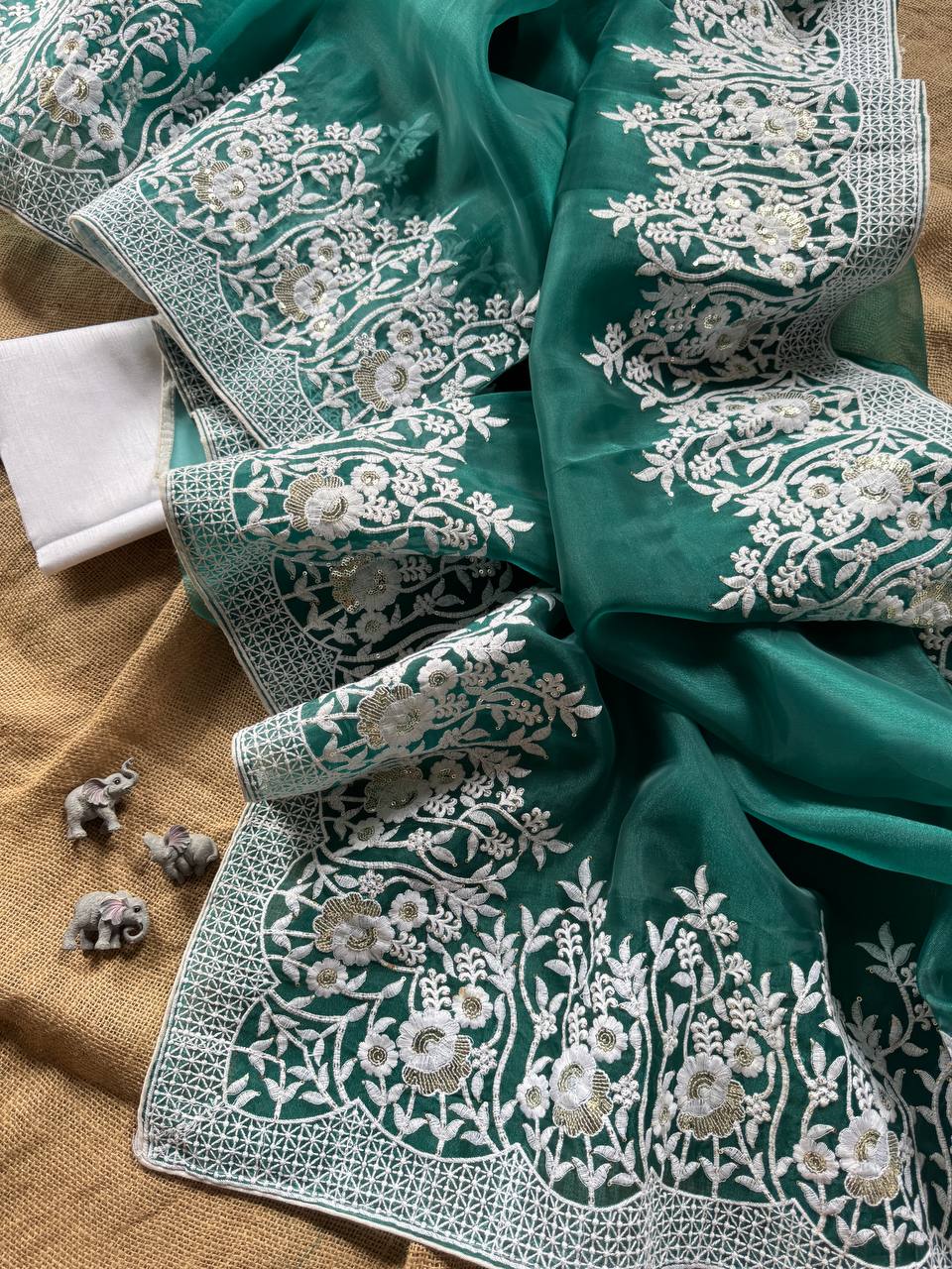 Dark Teal Designer Organza Silk Saree