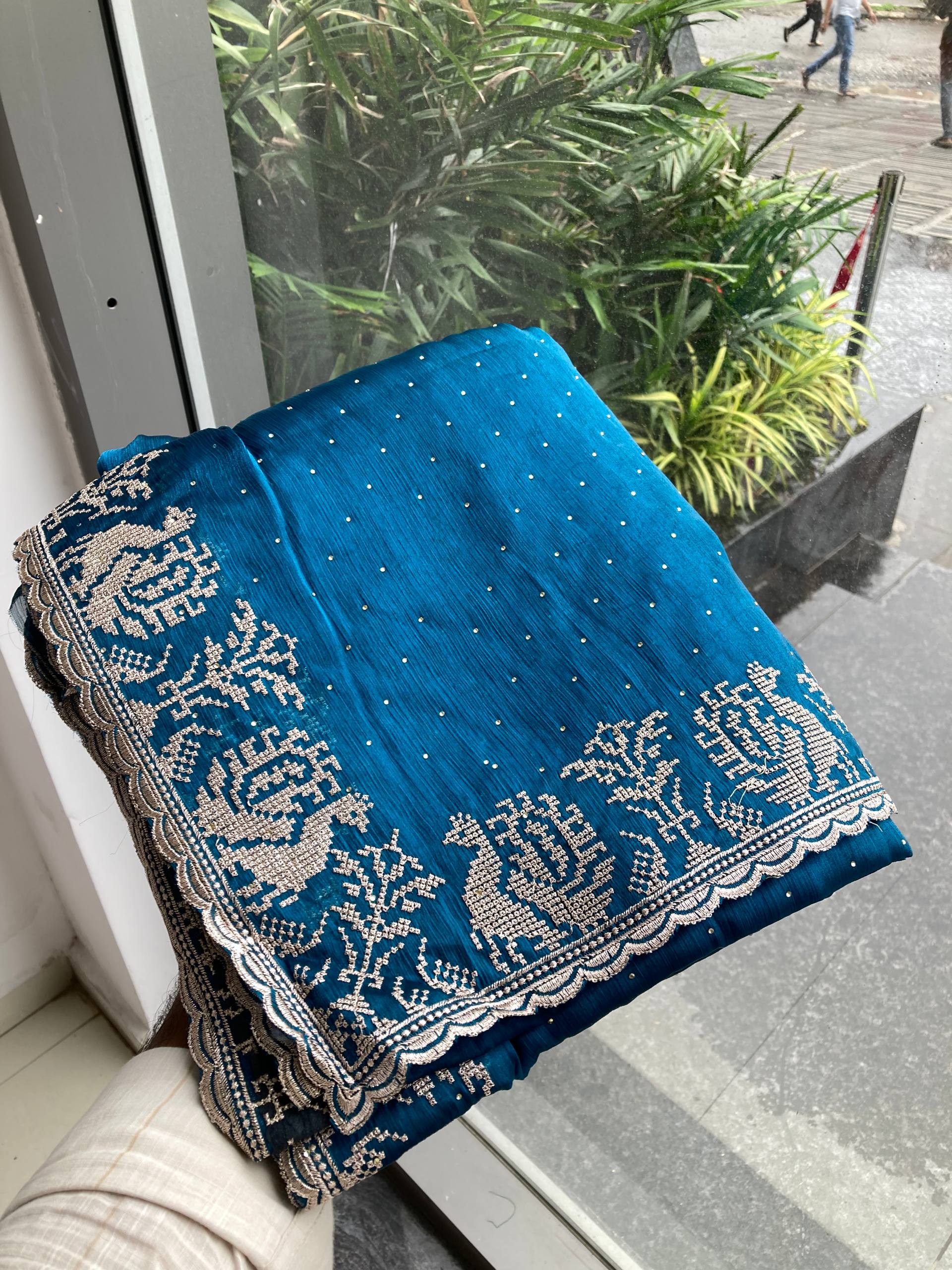 Deep Sea Blue Designer Fandy Chiffon Silk Saree