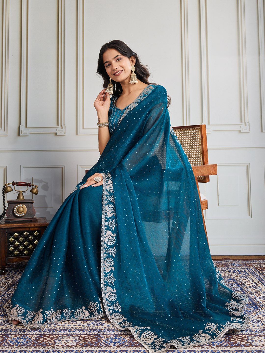 Deep Sea Blue Designer Fandy Chiffon Silk Saree