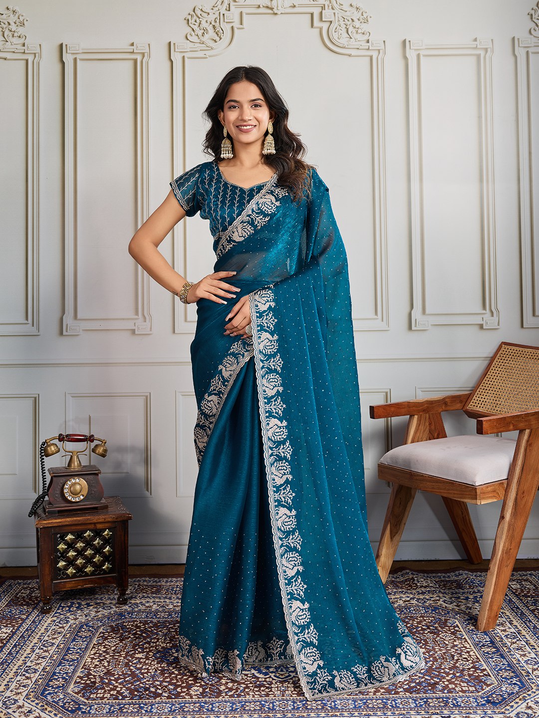 Deep Sea Blue Designer Fandy Chiffon Silk Saree