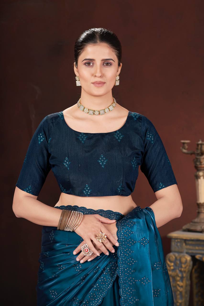 Deep Sea Party Wear Zimmy Choo Silk Saree