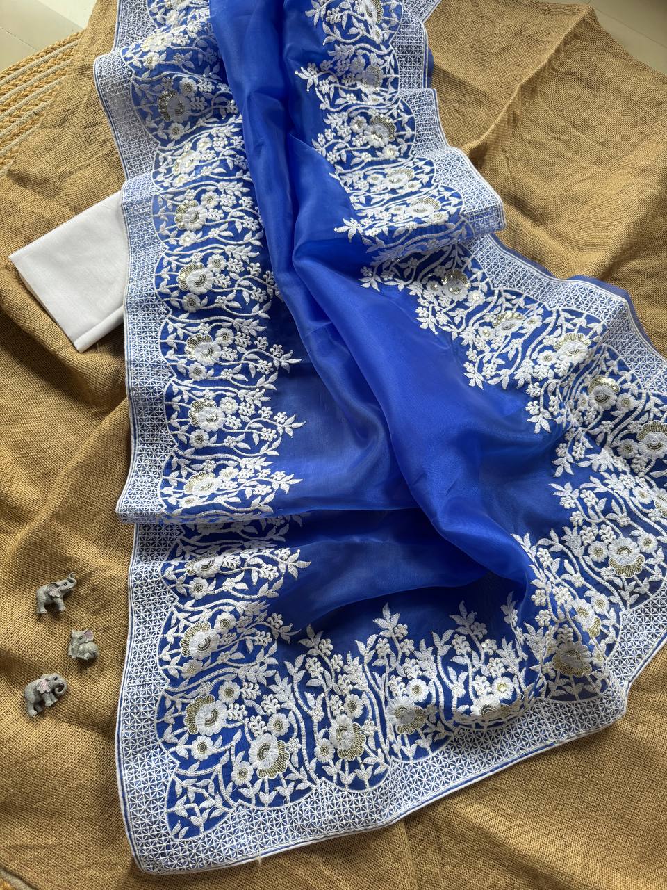 Denim Blue Designer Organza Silk Saree