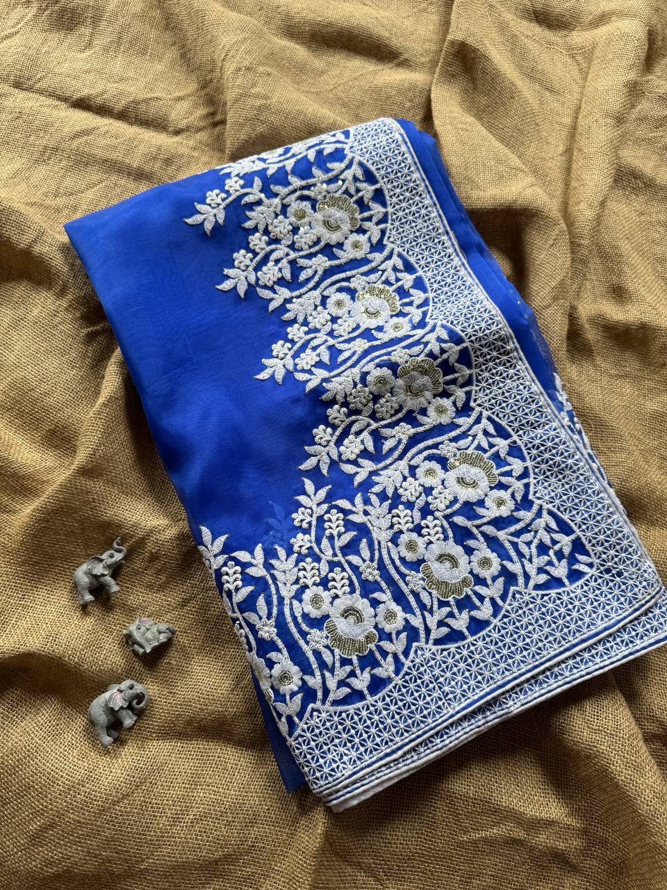 Denim Blue Designer Organza Silk Saree