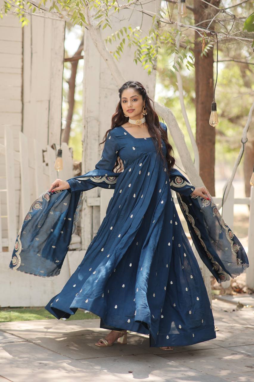 Designer Long Gown Dress With Dupatta Set