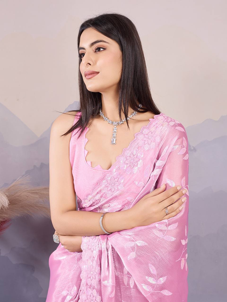 Pink Designer Burberry Silk Saree