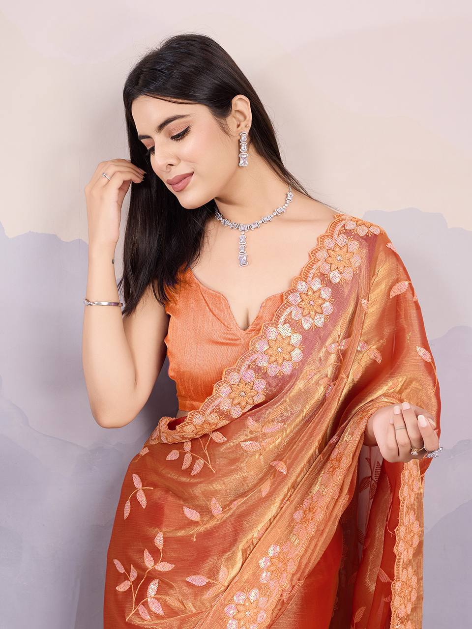 Orange Designer Burberry Silk Saree