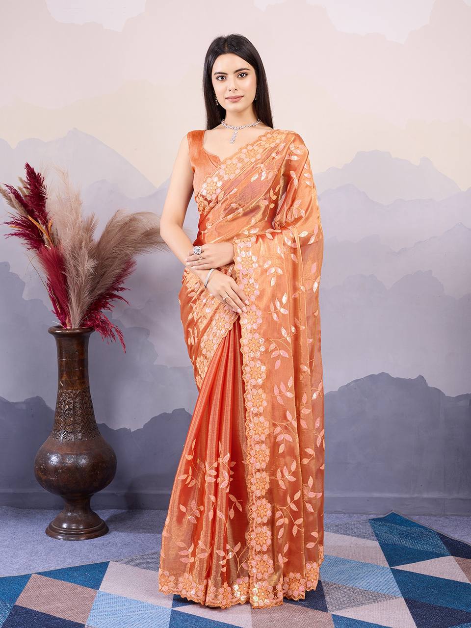 Orange Designer Burberry Silk Saree