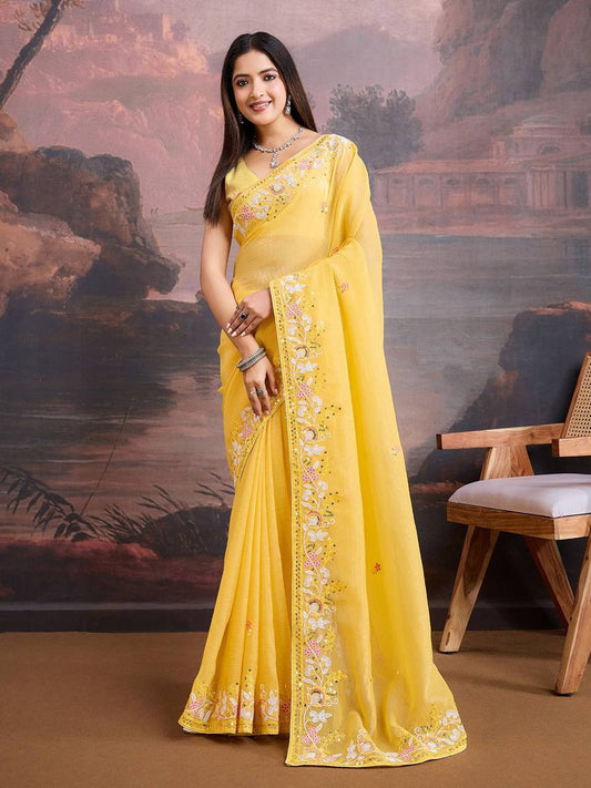 Yellow Designer Crunchy Organza Silk Saree