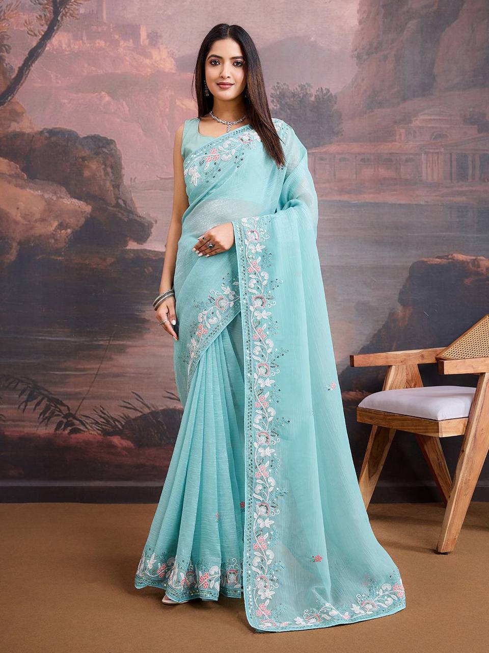 Sky Designer Crunchy Organza Silk Saree