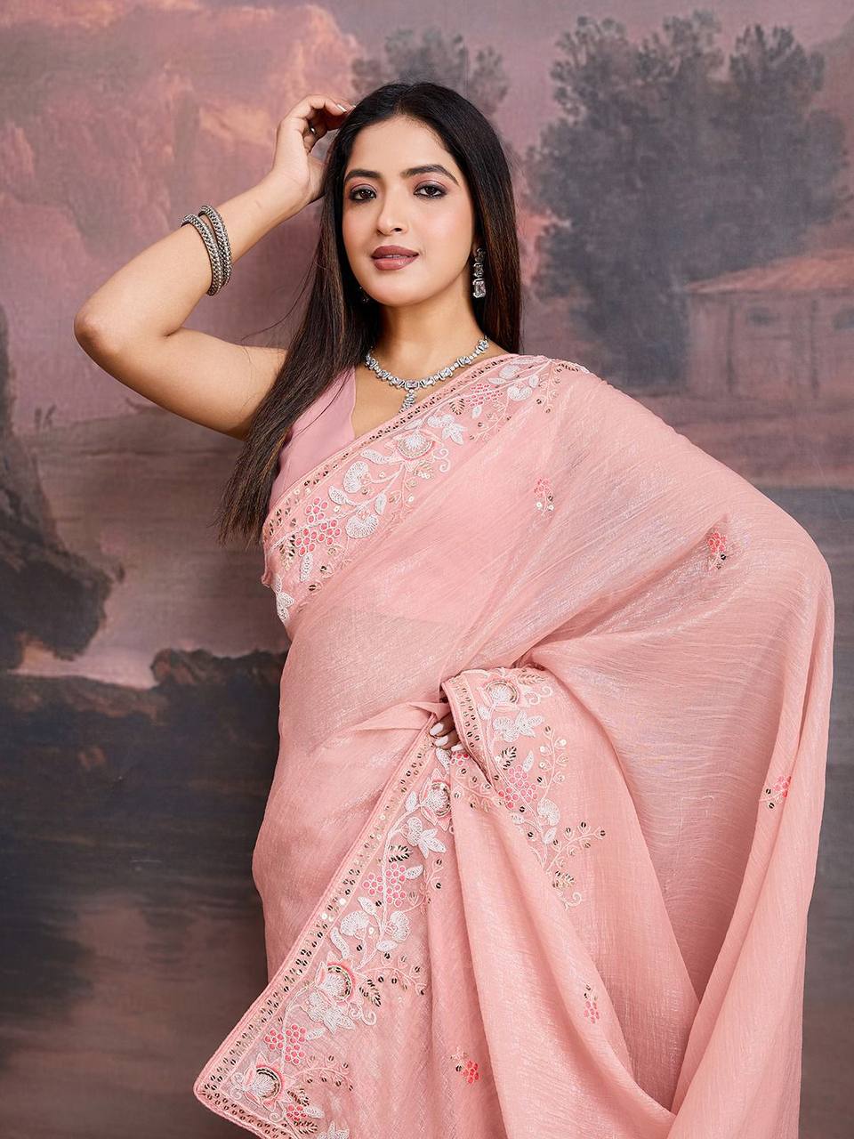 Peach Designer Crunchy Organza Silk Saree