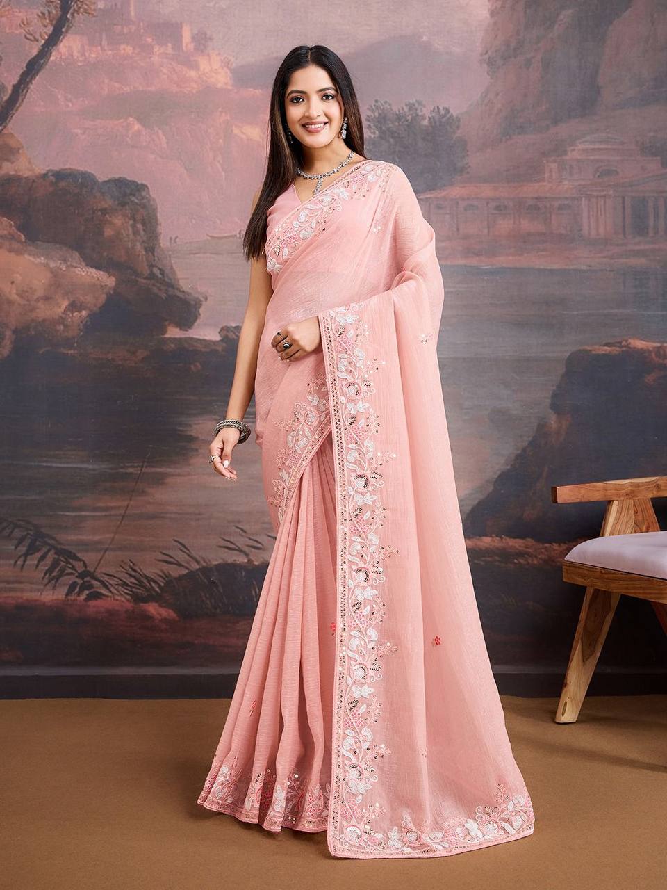 Peach Designer Crunchy Organza Silk Saree