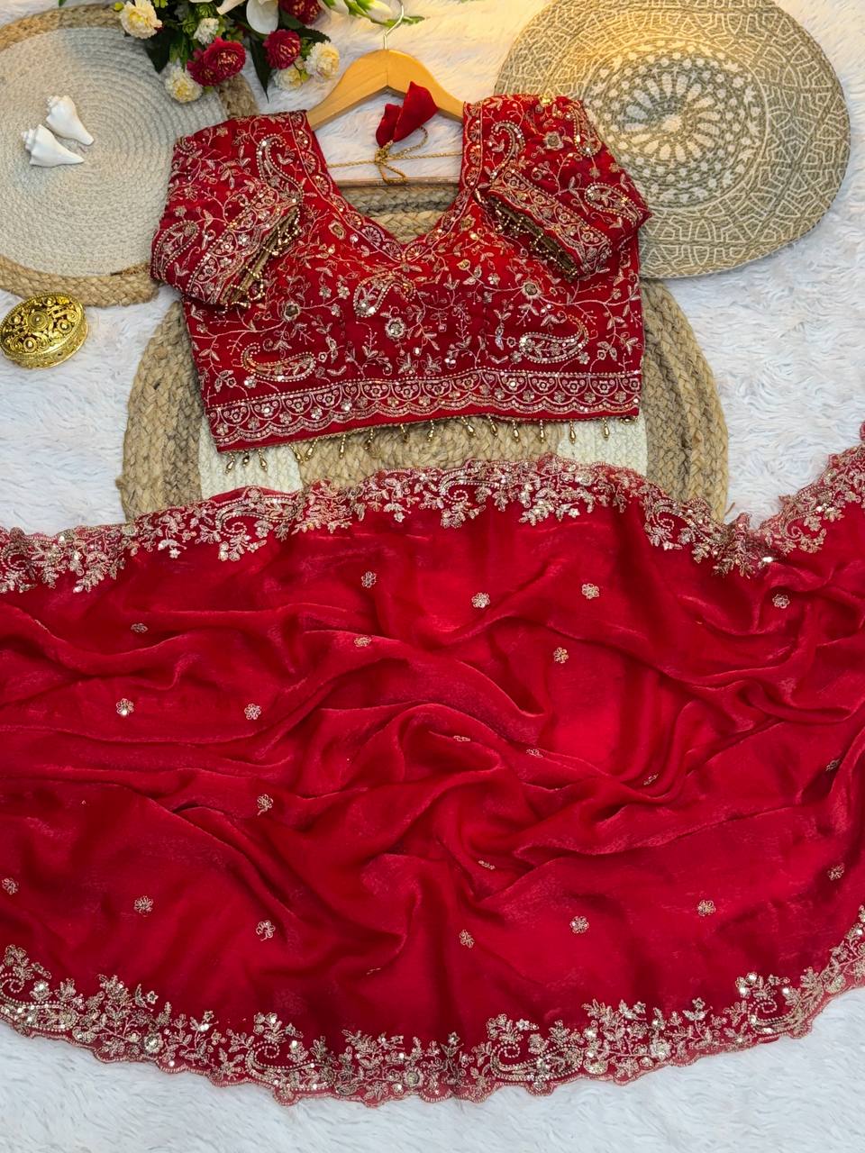 Red Designer Fendy Satin Saree