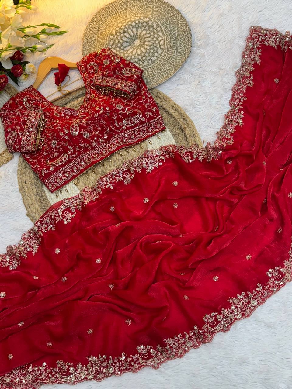 Red Designer Fendy Satin Saree