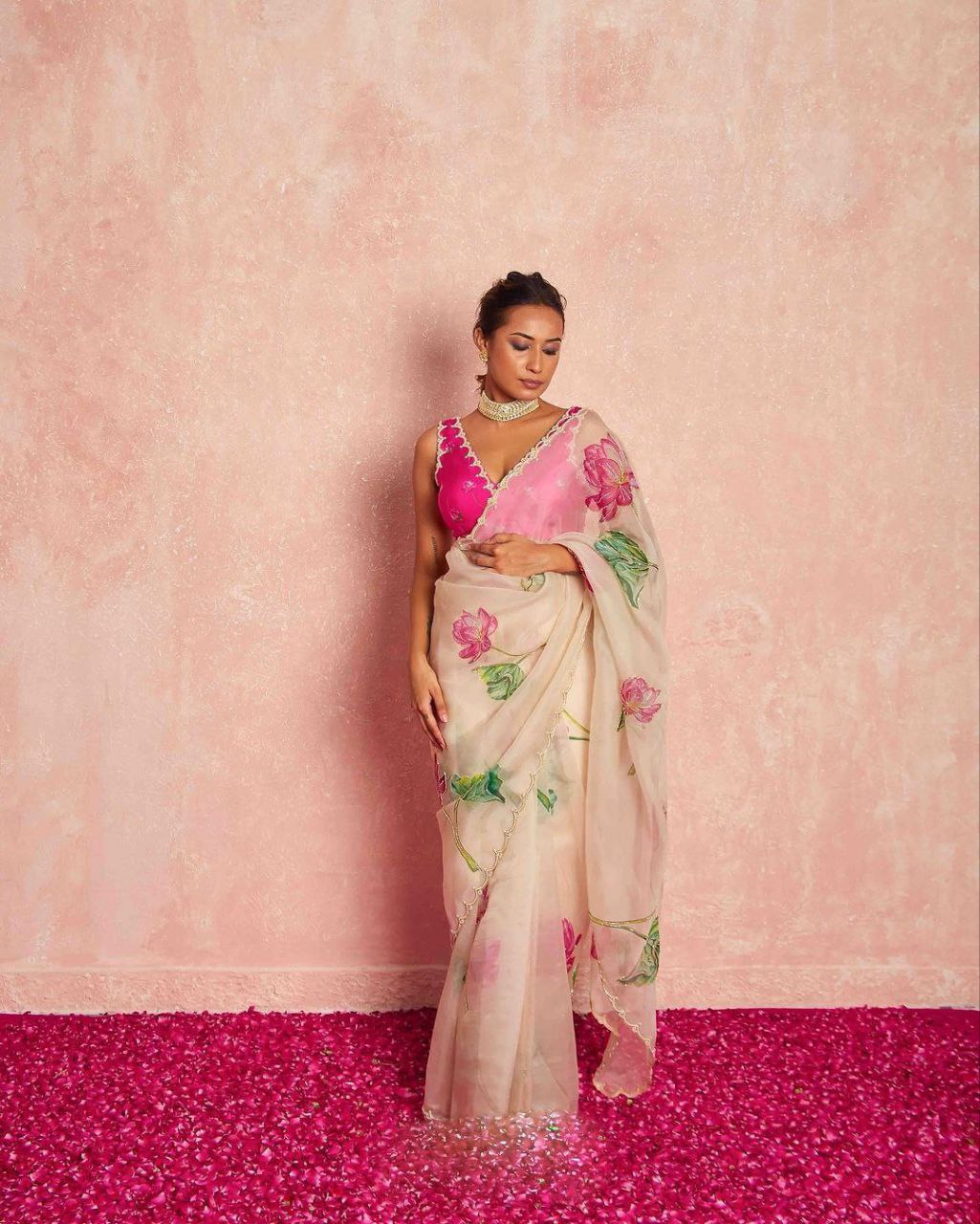 Designer Floral Organza Silk Saree | Replica Design