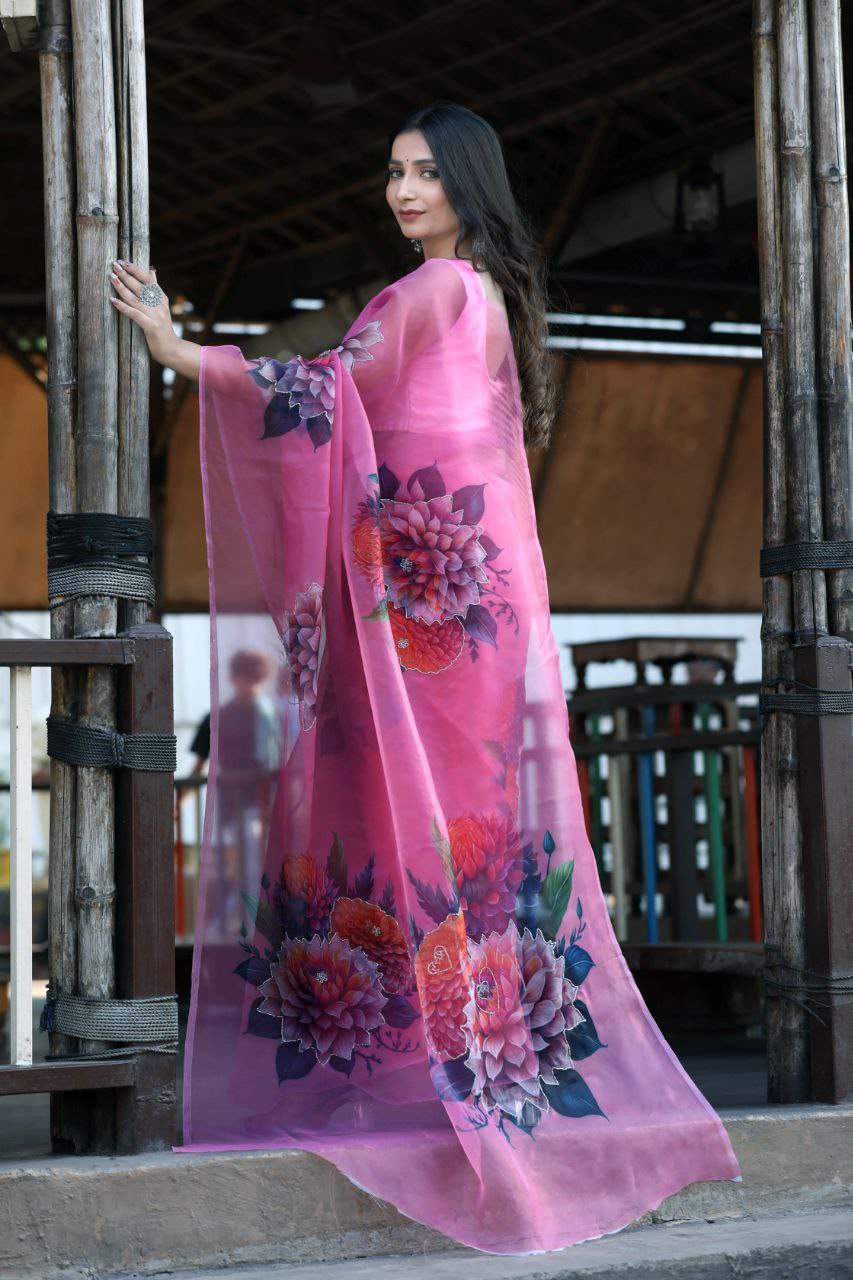 Designer Floral Printed Organza Saree